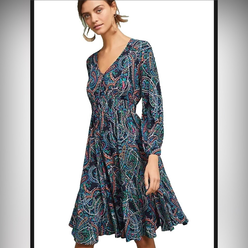 Anthropologie Maeve Maplewood neon paisley dress long sleeve womens size XS